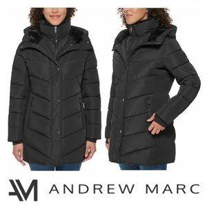 NWT Andrew Marc Fixed Bib with Zipper Closure Walker Jacket, Black